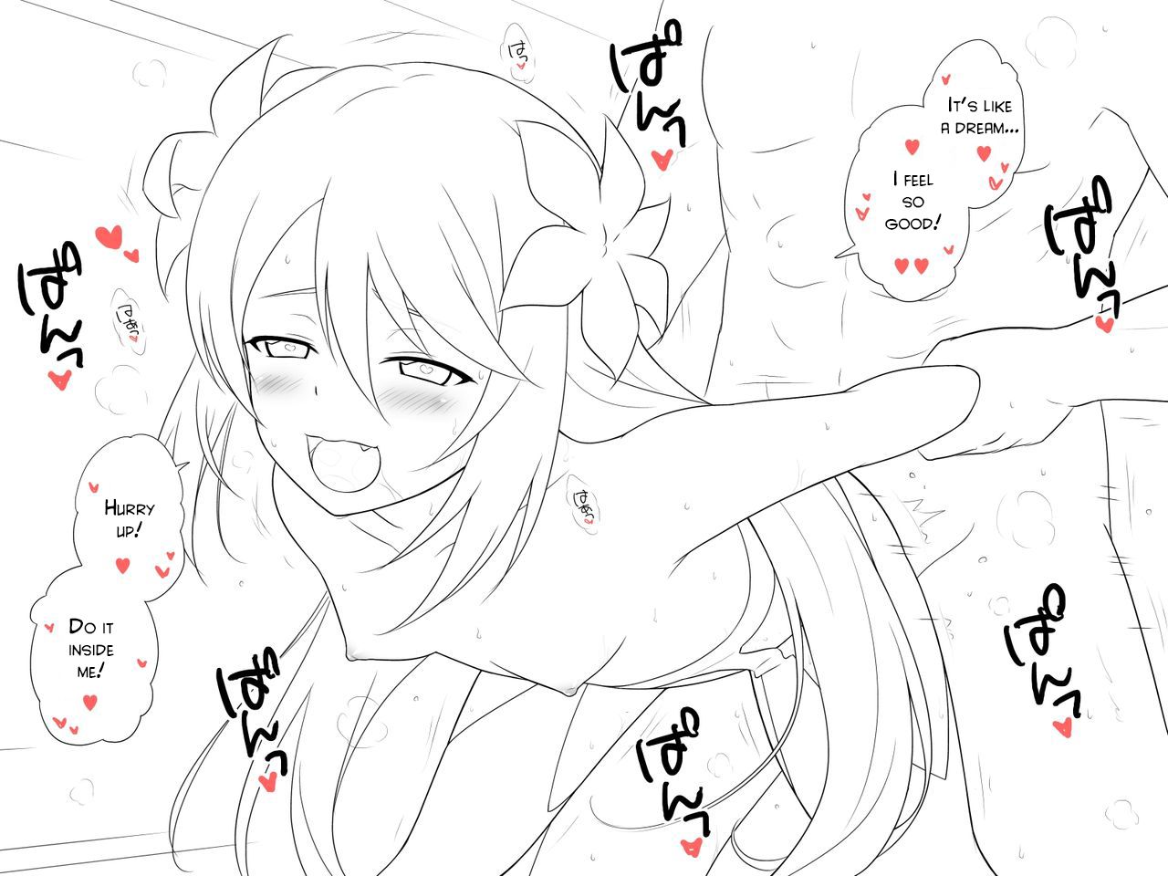 kiikii (kitsukedokoro), marta lualdi, tales of (series), tales of symphonia, tales of symphonia: dawn of the new world, commentary, english commentary, translated, 1girl, breasts, completely nude, doggystyle, english text, flat chest, flower, from behind, hair flower, hair ornament, heart, heart-shaped pupils, long hair, monochrome, nude, sex, sex from behind, small breasts, symbol-shaped pupils, thighhighs, twintails, very long hair