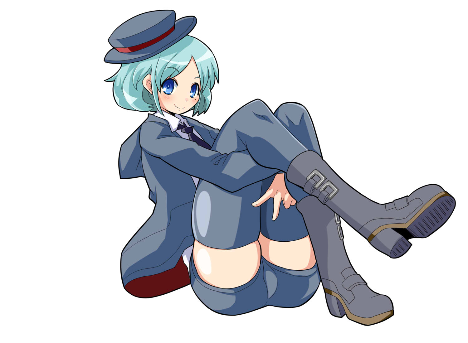 itini-sanshi, 2channel, commentary request, 1boy, 2channel (/livejupiter/), aile-kun, black necktie, blue eyes, blue hair, boots, closed mouth, collared shirt, full body, grey boots, grey hat, grey hoodie, grey thighhighs, hat, hood, hoodie, hugging own legs, looking at viewer, male focus, necktie, shirt, short hair, simple background, sitting, smile, solo, thighhighs, trap, white background, white shirt