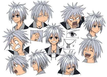 haru glory, rave (manga), silver hair, lowres, 00s, 1boy, angry, earrings, grey eyes, jewelry, male focus, model sheet, necklace, reference sheet, sad, solo, spiked hair