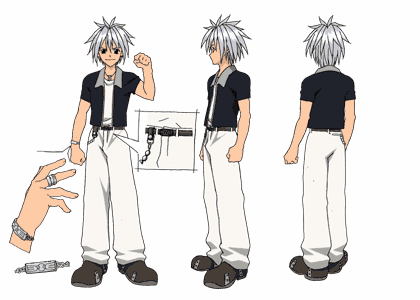haru glory, rave (manga), silver hair, lowres, 00s, 1boy, boots, chain, jewelry, male focus, model sheet, multiple views, necklace, open clothes, open shirt, reference sheet, ring, shirt, spiked hair, turnaround
