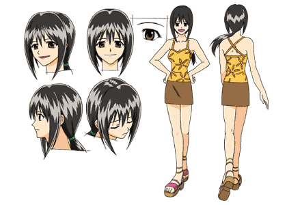 cattleya glory, rave (manga), lowres, 00s, 1girl, black hair, brown eyes, camisole, hands on own hips, miniskirt, model sheet, multiple views, pencil skirt, ponytail, reference sheet, sandals, skirt, tank top, turnaround