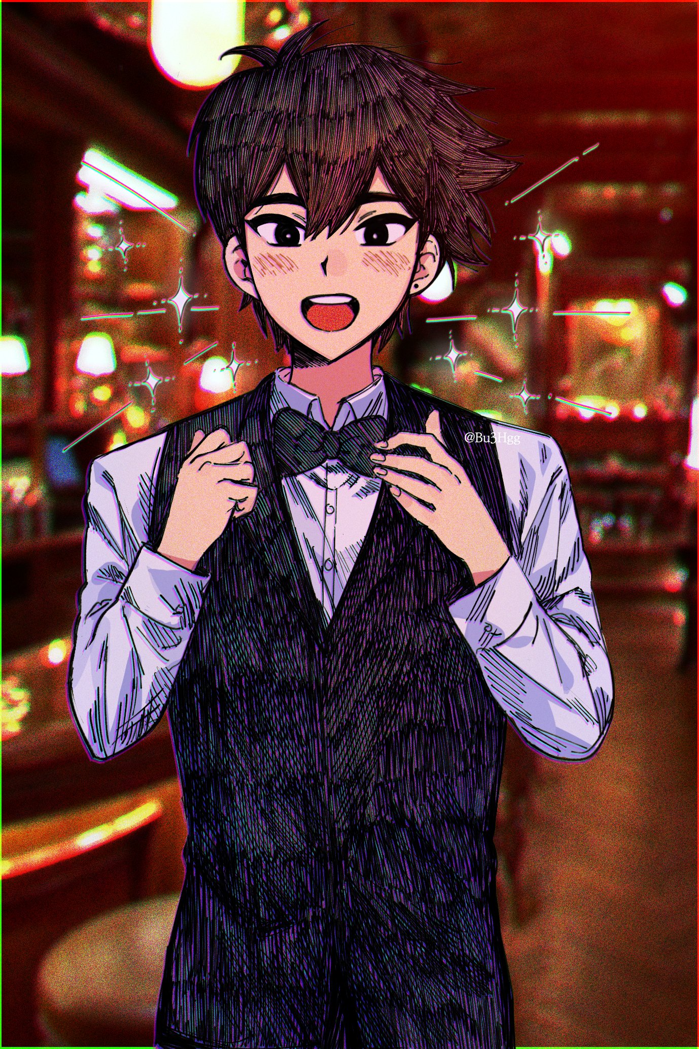 bu3hgg, hero (faraway) (omori), hero (omori), omori, commentary request, highres, korean commentary, 1boy, :d, alternate costume, antenna hair, black bow, black bowtie, black eyes, black vest, blush, bow, bowtie, bright pupils, brown hair, buttons, chromatic aberration, collared shirt, double-parted bangs, earrings, film grain, fingernails, hair behind ear, hair between eyes, hands up, hatching (texture), indoors, jewelry, long sleeves, looking at viewer, male focus, open mouth, photo background, shirt, short hair, single earring, smile, solo, sparkle, standing, straight-on, stud earrings, teeth, tongue, traditional bowtie, twitter username, upper body, upper teeth only, very short hair, vest, white pupils, white shirt