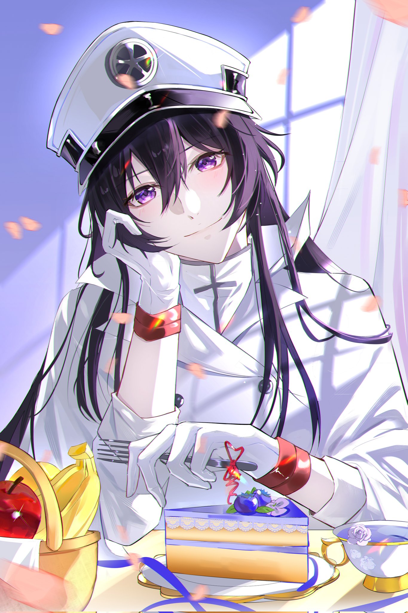 deadman70232800, bambietta basterbine, bleach, bleach: sennen kessen-hen, commentary, corrupted twitter file, english commentary, highres, 1girl, apple, banana, black hair, blueberry, blush, buttons, cake, cake slice, closed mouth, cup, curtains, double-breasted, eyelashes, falling petals, food, fork, fruit, glint, gloves, hair between eyes, hair over shoulder, hand on own cheek, hand on own face, hand up, hat, head rest, head tilt, heart, heart of string, holding, holding fork, indoors, jacket, long hair, long sleeves, looking at viewer, military hat, military uniform, peaked cap, petals, pov, purple eyes, sidelighting, sidelocks, smile, solo, split mouth, teacup, tsurime, upper body, very long hair, white gloves, white hat, white jacket, window shadow