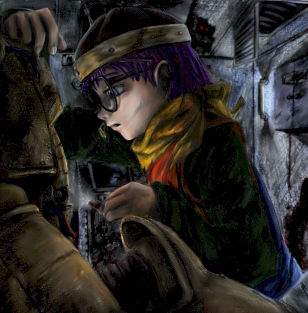 lucca ashtear, robo (chrono trigger), chrono (series), chrono trigger, 1990s (style), 1girl, androgynous, black-framed eyewear, from side, glasses, hat, long sleeves, machinery, profile, purple hair, scarf, short hair, solo focus, sparkle, upper body