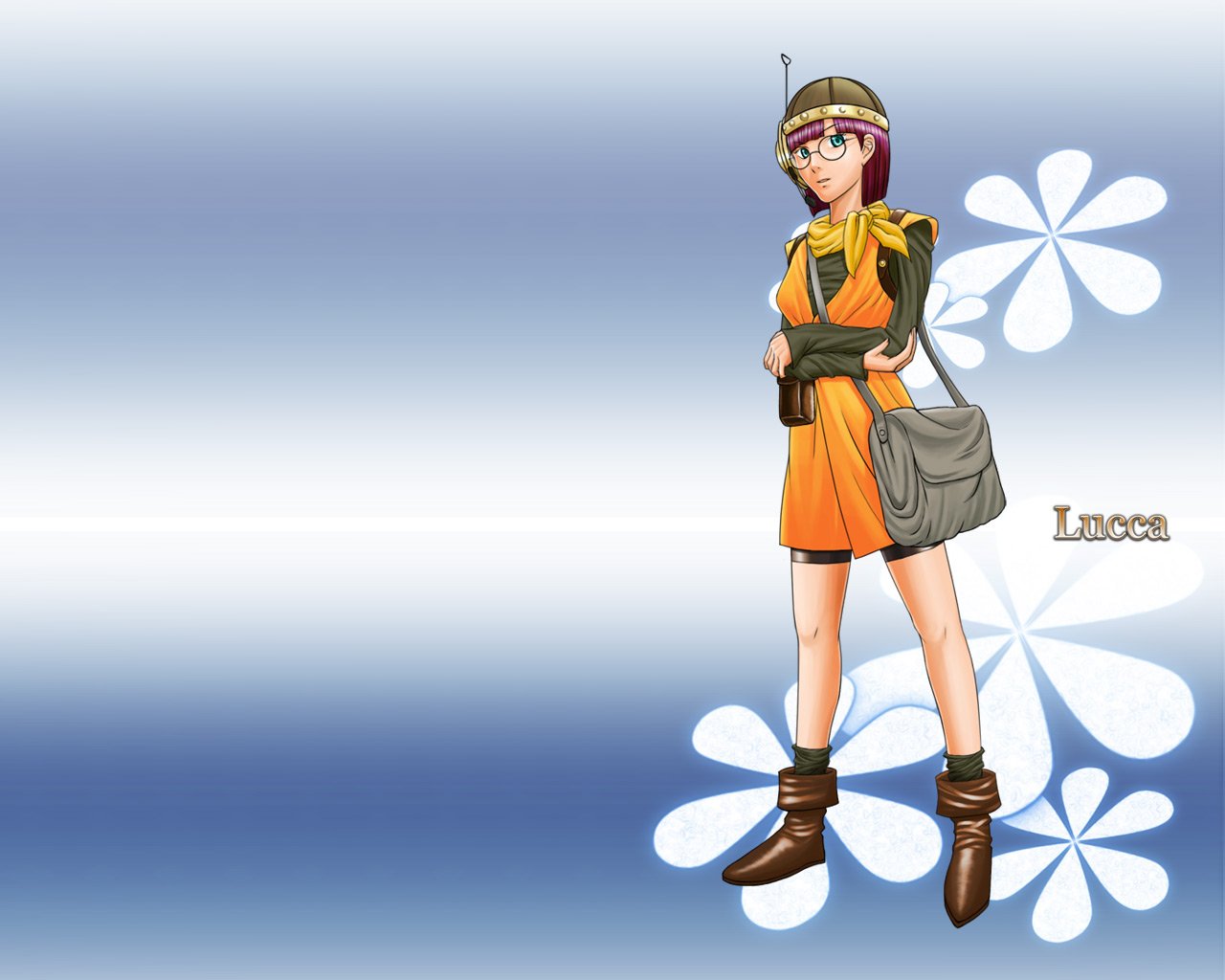 lucca ashtear, chrono (series), chrono trigger, 1990s (style), 1girl, bag, blue eyes, brown hair, crossed arms, dress, female focus, full body, gradient background, handbag, hat, long sleeves, looking at viewer, orange dress, retro artstyle, simple background, solo, standing