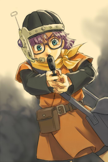 lucca ashtear, chrono (series), chrono trigger, 1990s (style), 1girl, aiming, aiming at viewer, blue eyes, female focus, glasses, gun, handgun, helmet, holding, holding gun, holding weapon, pistol, purple hair, retro artstyle, short hair, solo, weapon