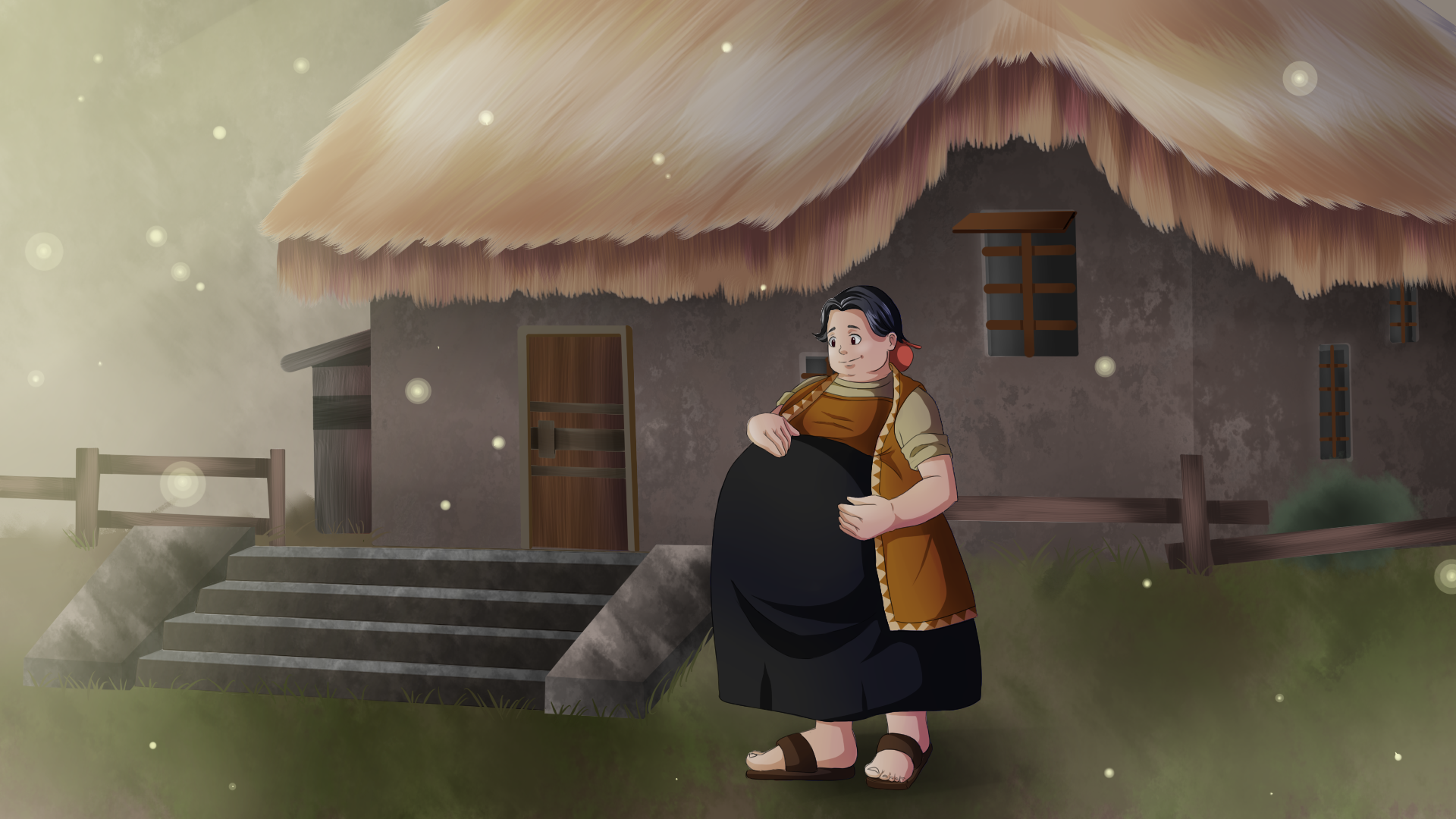 anoartist1994, dark cloud (game), level-5, commission, commissioner upload, 1girl, black dress, black hair, bun cover, dress, fat, fence, fireflies, grass, hands on own stomach, house, housewife, mature female, nature, outdoors, pregnant, rural, sandals, smile, solo, stairs, tribal, village
