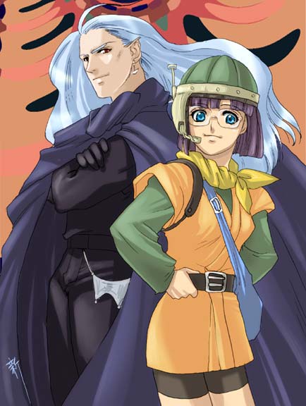 synn, lucca ashtear, magus (chrono trigger), chrono (series), chrono trigger, 1990s (style), blue eyes, glasses, helmet, pointy ears, purple hair, short hair