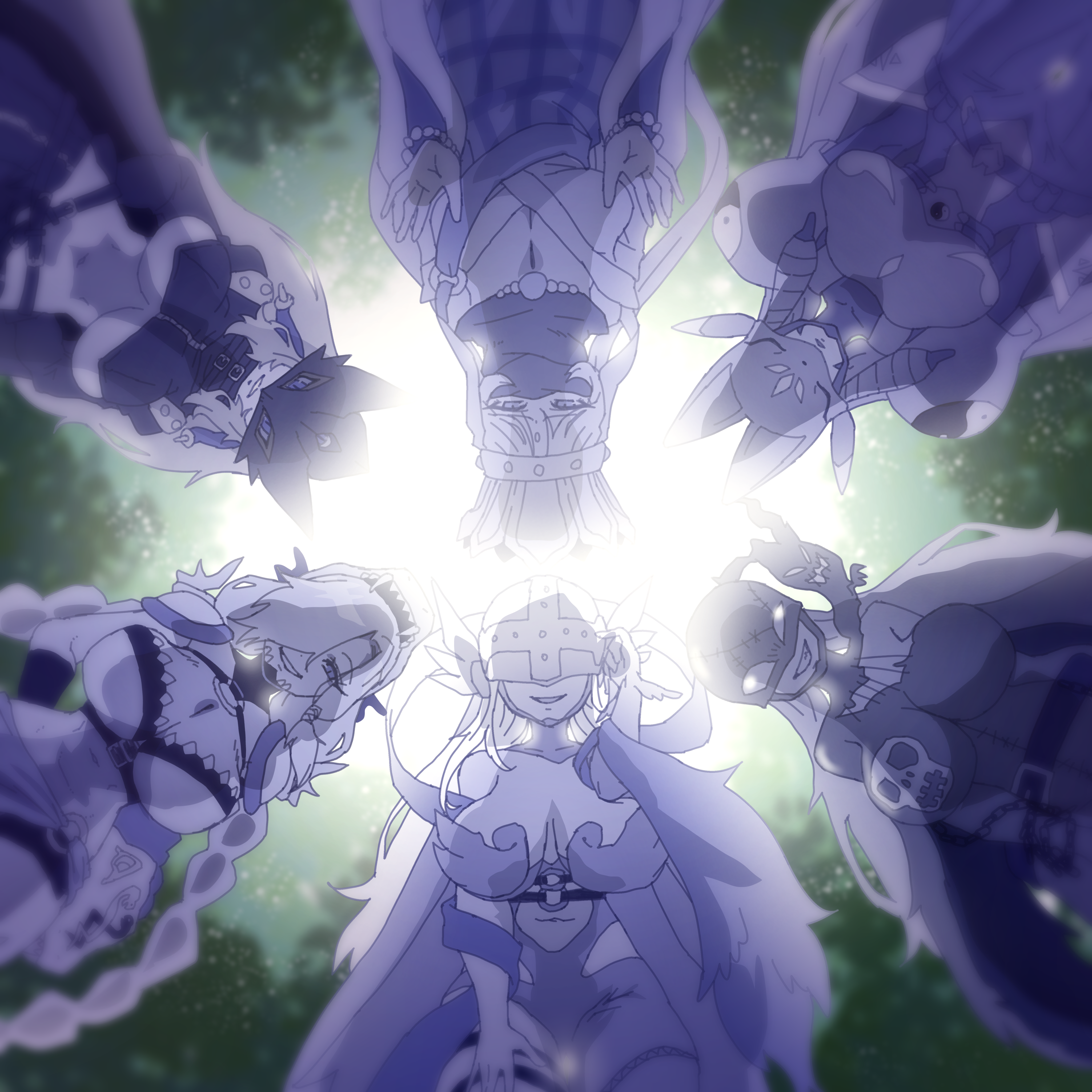 gerusyu, angewomon, beelstarmon, ladydevimon, mervamon, sakuyamon, sanzomon, digimon, 6+girls, armor, breasts, digimon (creature), looking at viewer, mask, multiple girls, smile, wings