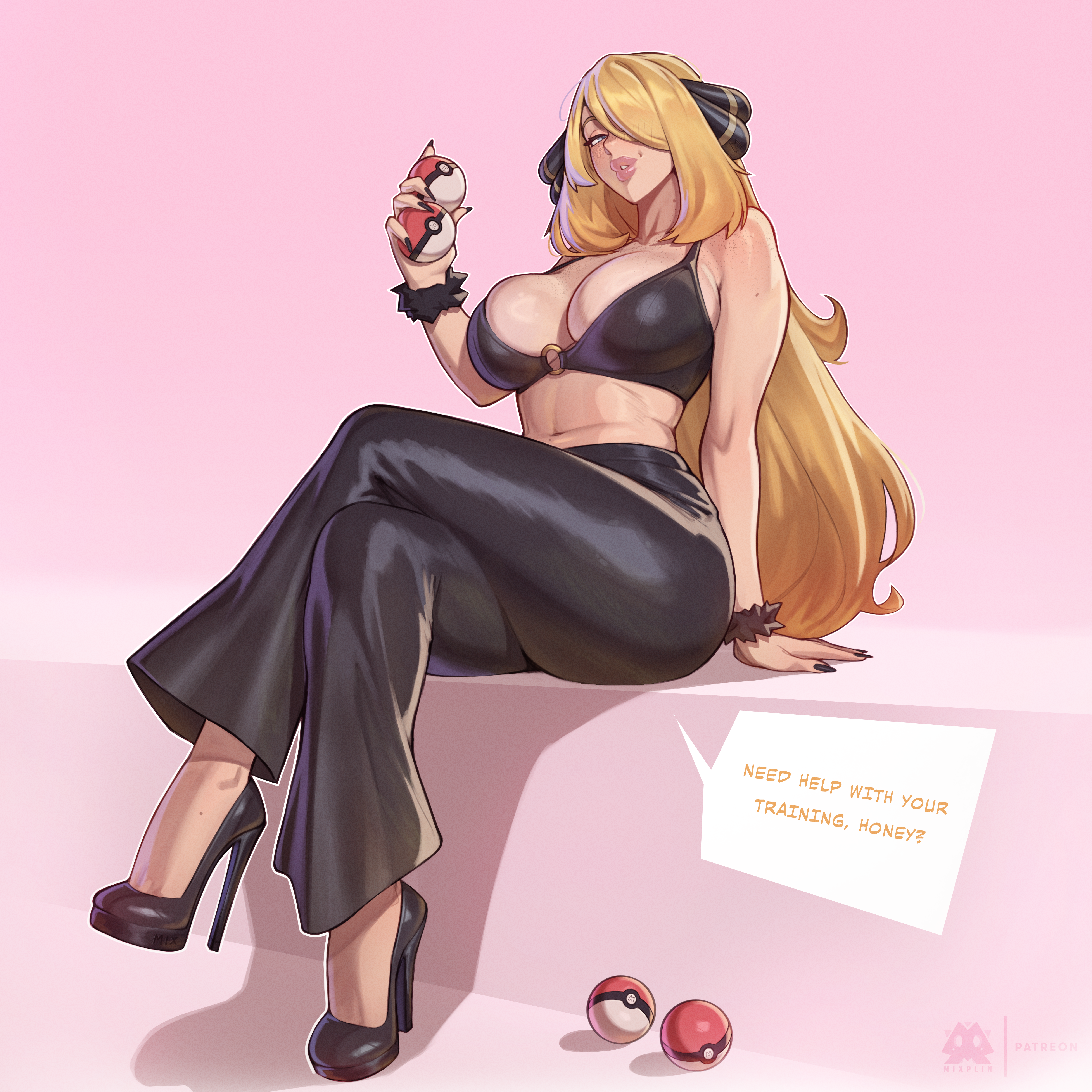 mixplin, cynthia (pokemon), nintendo, pokemon, pokemon dppt, highres, 1girl, black bra, black nails, black panties, black pants, blonde hair, blonde pubic hair, bra, breasts, curvy, english text, female pubic hair, grey eyes, high heels, holding, holding poke ball, large breasts, lips, lipstick, long hair, looking at viewer, makeup, midriff, multiple views, navel, no socks, o-ring, open mouth, panties, pants, parted lips, pink lips, poke ball, poke ball (basic), pubic hair, seductive gaze, seductive smile, sitting, smile, speech bubble, stomach, underwear, very long hair