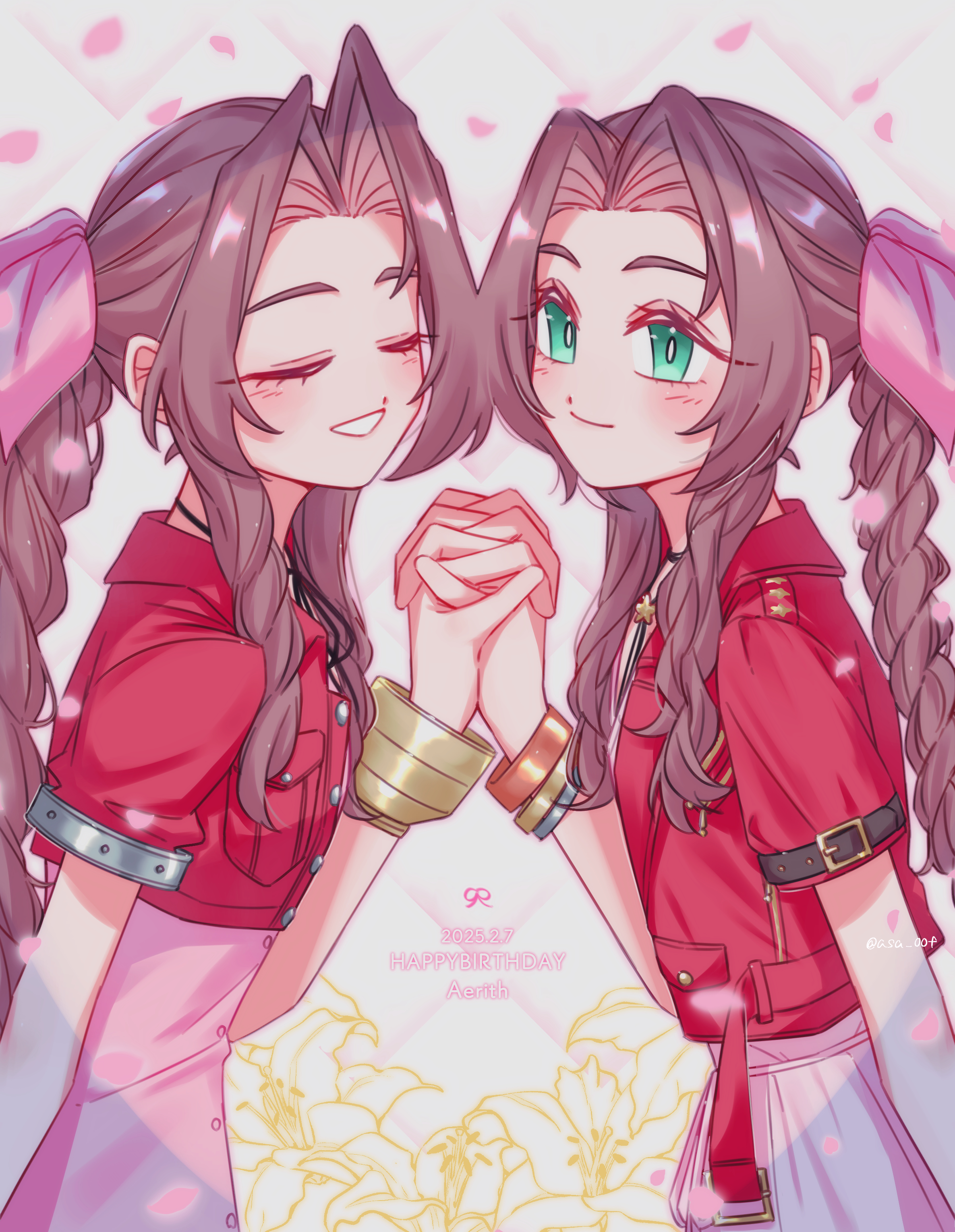 final fantasy, final fantasy vii, absurdres, highres, asagao 7, bangle, blush, bracelet, braid, braided ponytail, brown hair, character name, closed eyes, closed mouth, cropped jacket, dress, falling petals, flower, green eyes, hair ribbon, happy birthday, holding hands, interlocked fingers, jacket, jewelry, lily (flower), long hair, parted bangs, parted lips, petals, pink dress, pink petals, pink ribbon, red jacket, ribbon, short sleeves, sidelocks, single braid, smile, upper body