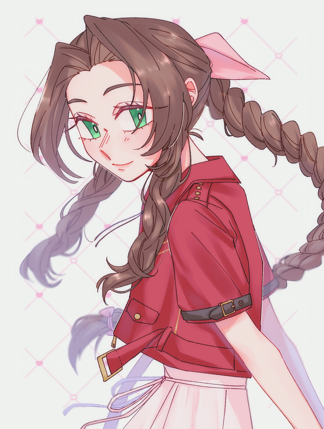 asa 00f, aerith gainsborough, final fantasy, final fantasy vii, final fantasy vii rebirth, final fantasy vii remake, highres, 1girl, arms behind back, braid, braided ponytail, brown hair, choker, closed mouth, cropped jacket, dress, green eyes, hair ribbon, jacket, light blush, light smile, long hair, looking at viewer, parted bangs, pink dress, pink ribbon, red jacket, ribbon, ribbon choker, rope braid, short sleeves, sidelocks, single braid, solo, upper body