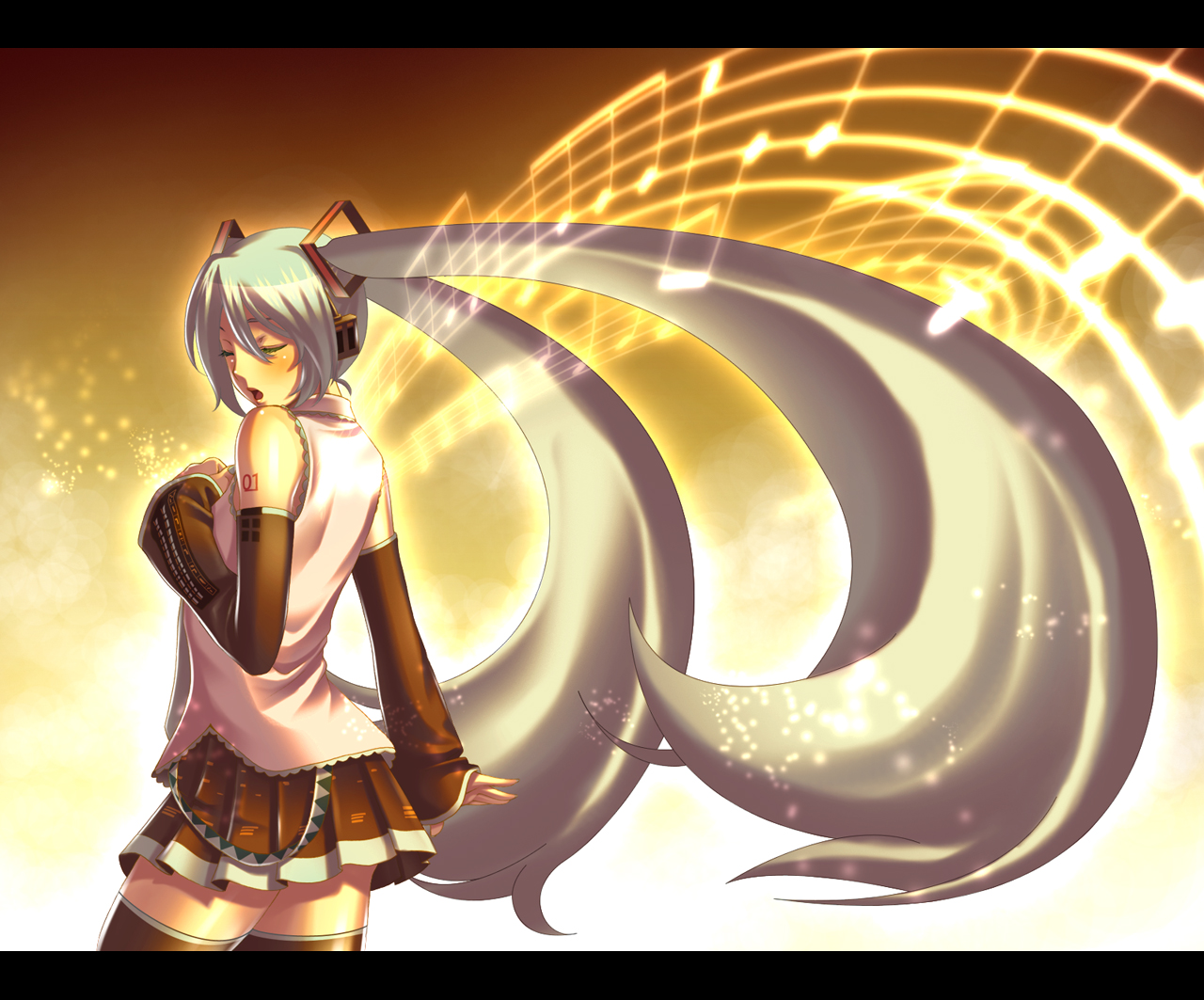 terumii, hatsune miku, vocaloid, bad id, bad pixiv id, 1girl, aqua hair, closed eyes, detached sleeves, female focus, letterboxed, long hair, miniskirt, musical note, musical staff, skirt, solo, thighhighs, twintails, zettai ryouiki