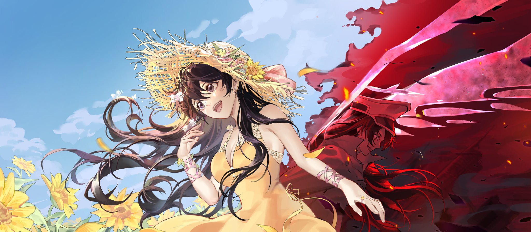 deadman70232800, bambietta basterbine, bleach, bleach: sennen kessen-hen, commentary, highres, 2girls, :d, alternate costume, arm ribbon, bare shoulders, black hair, blue sky, breasts, bug, butterfly, butterfly on hand, cape, cleavage, cloud, cowboy shot, day, dress, dual persona, evil grin, evil smile, eyelashes, falling petals, field, floating hair, flower, flower field, grey eyes, grin, hair between eyes, hand up, happy, hat, hat flower, insect, jewelry, large breasts, long hair, looking ahead, looking down, military hat, military uniform, multiple girls, open mouth, outdoors, petals, pink ribbon, plunging neckline, red sky, ribbon, ring, sidelocks, sky, sleeveless, sleeveless dress, smile, straw hat, sunflower, sunflower field, teeth, tongue, very long hair, white butterfly, white cape, yellow dress