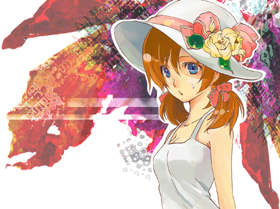 ryuuguu rena, higurashi no naku koro ni, 00s, 1girl, blue eyes, brown hair, dress, female focus, flower, hat, ribbon, solo, twintails, white background