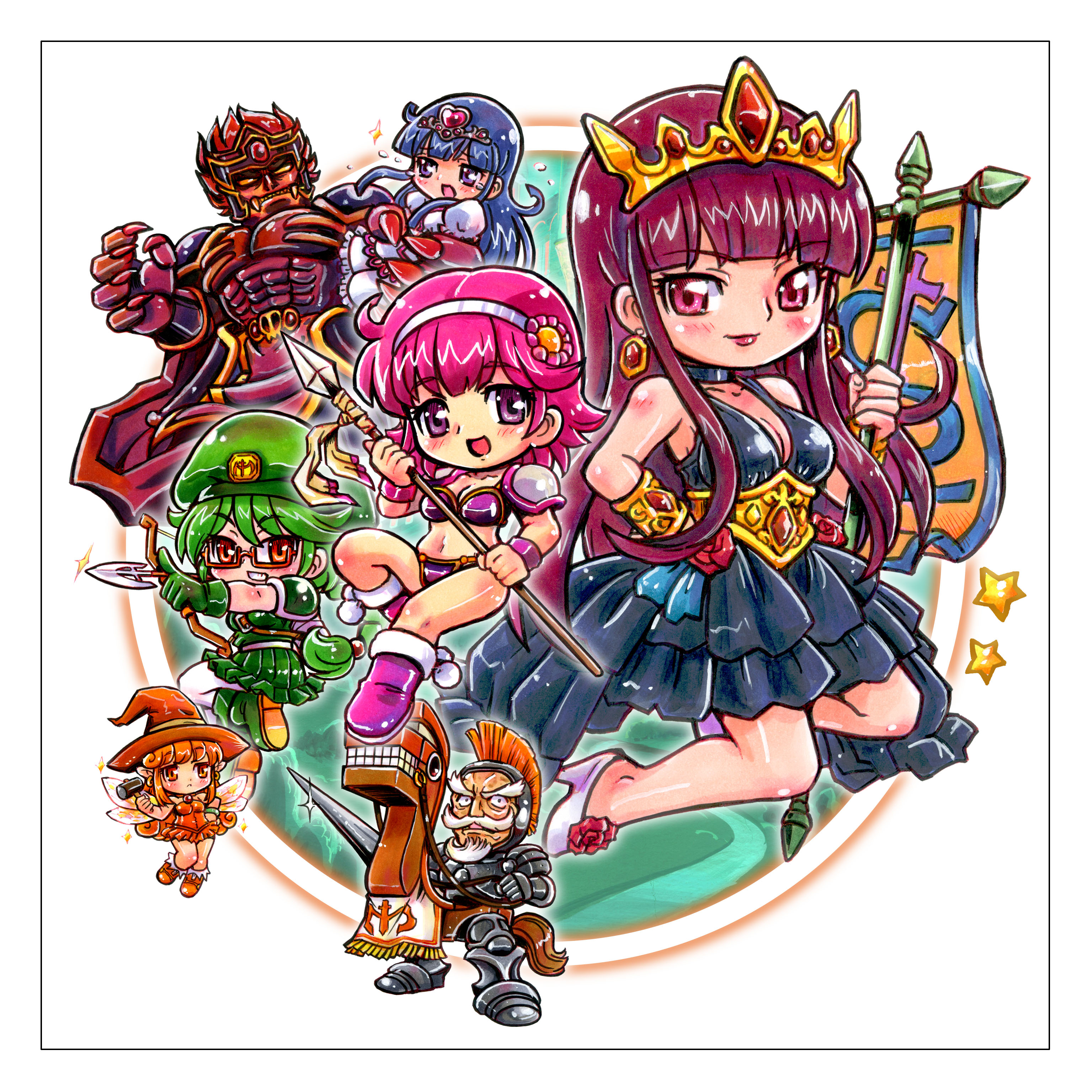kokomahi, amazon (mamotte knight), archer (mamotte knight), old guy (mamotte knight), princess lola, mamotte knight, absurdres, character request, commentary request, highres, official art, 2boys, 6+girls, armor, arrow (projectile), banner, beard, beret, bikini armor, black choker, black dress, black eyes, blue eyes, blue hair, blunt bangs, bow (weapon), bracelet, bracer, breasts, captured, chibi, choker, closed mouth, colored sclera, crying, crying with eyes open, deformed, drawing bow, dress, dress flower, facial hair, fairy, fairy wings, flower, flower hairband, footwear flower, gem, giant, glint, gold belt, green hair, green shirt, green skirt, grin, hairband, hammer, hand on own hip, hat, heart-shaped gem, hobby horse, holding, holding banner, holding bow (weapon), holding hammer, holding polearm, holding weapon, jewelry, knight, lance, lipstick, long hair, makeup, medium breasts, medium hair, miyama (mamotte knight), multiple boys, multiple girls, muscular, muscular male, mustache, no pupils, old, old man, open mouth, orange dress, orange eyes, orange hair, pink eyes, pink gemstone, pink hair, pleated skirt, polearm, princess maria (mamotte knight), purple eyes, purple hair, purple lips, red eyes, red flower, red gemstone, red hair, red rose, rose, shirt, shoes, short hair, skirt, sleeveless, sleeveless dress, smile, sparkle, spear, star (symbol), tears, tiara, weapon, white dress, white hair, white hairband, white shoes, wings, witch hat, yellow sclera