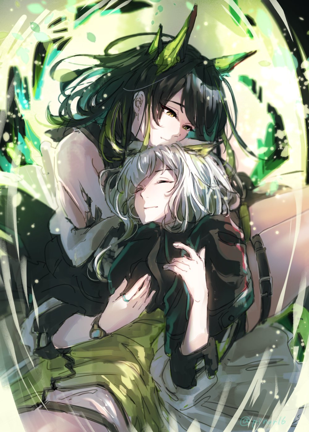 misago33695466, kal'tsit (arknights), mon3tr (arknights), arknights, highres, 2girls, animal ears, black hair, black jacket, cat ears, cat girl, closed eyes, closed mouth, dress, green dress, green hair, hug, jacket, looking at another, material growth, medium hair, multicolored hair, multiple girls, oripathy lesion (arknights), sleeves past fingers, sleeves past wrists, thigh strap, white hair