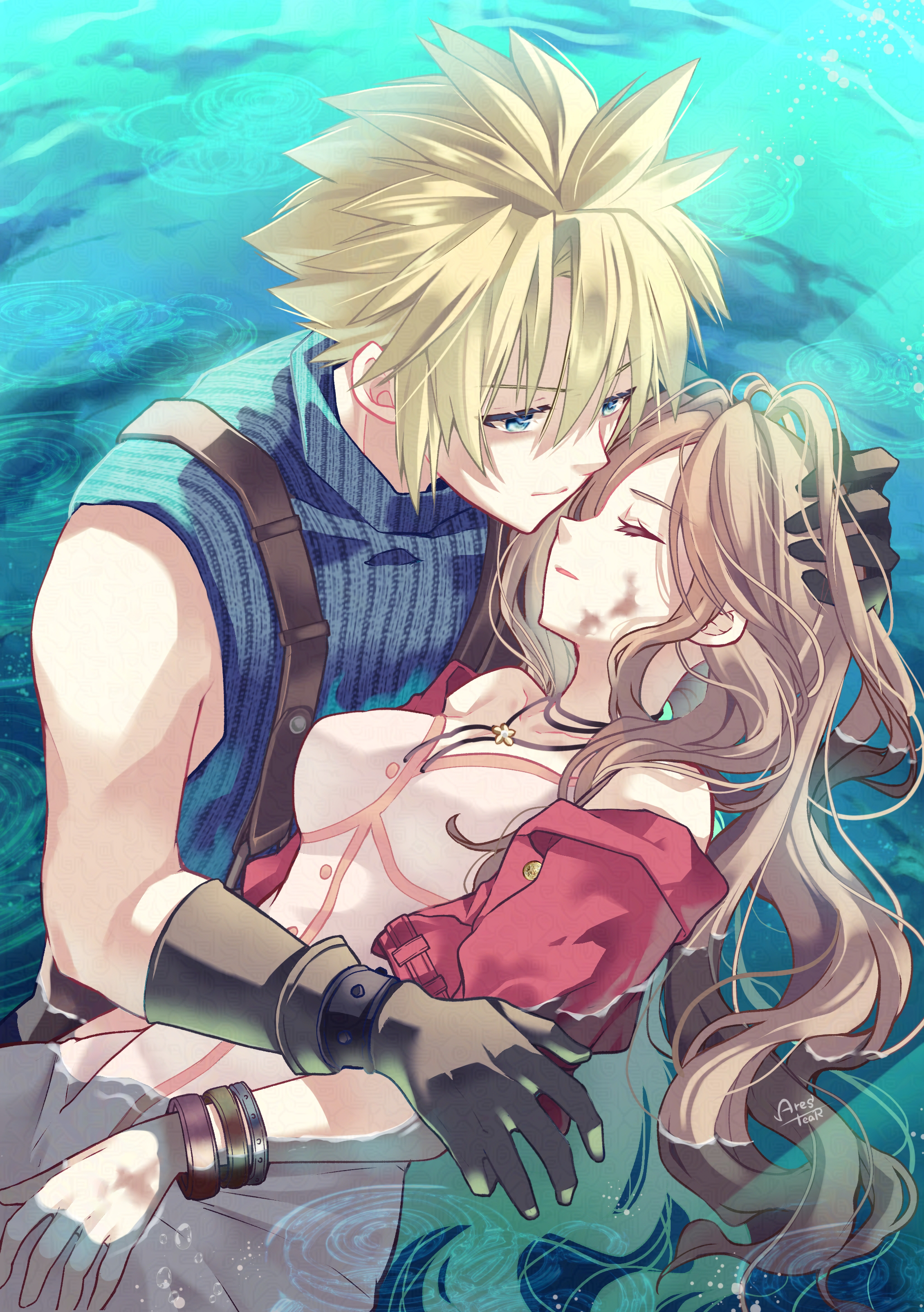 arestear0701, aerith gainsborough, cloud strife, final fantasy, final fantasy vii, final fantasy vii rebirth, final fantasy vii remake, absurdres, commentary request, highres, 1boy, 1girl, artist name, bangle, bare shoulders, blonde hair, blue eyes, blue shirt, bracelet, breasts, brown gloves, brown hair, choker, closed eyes, closed mouth, dirty, dirty face, dress, flower choker, gloves, hair between eyes, hand in another's hair, jacket, jacket partially removed, jewelry, lake, long hair, medium breasts, parted bangs, parted lips, partially submerged, pink dress, red jacket, shirt, short hair, sidelocks, single bare shoulder, spiked hair, suspenders, upper body, wavy hair