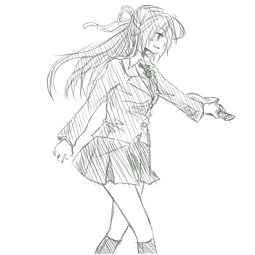 sonozaki shion, higurashi no naku koro ni, lowres, 00s, 1girl, blazer, female focus, greyscale, half updo, jacket, knife, long hair, monochrome, necktie, ribbon, school uniform, simple background, socks, solo, white background