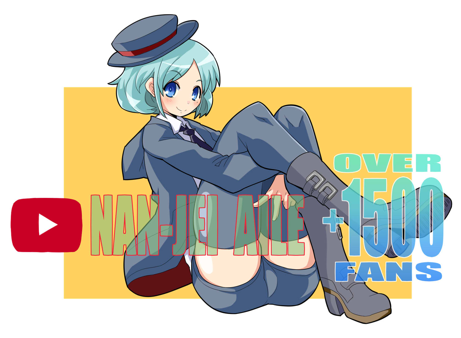itini-sanshi, 2channel, youtube, commentary request, 1boy, 2channel (/livejupiter/), aile-kun, black necktie, blue eyes, blue hair, boots, closed mouth, collared shirt, full body, grey boots, grey hat, grey hoodie, grey thighhighs, hat, hood, hoodie, hugging own legs, looking at viewer, male focus, necktie, shirt, short hair, simple background, sitting, smile, solo, thighhighs, trap, two-tone background, white background, white shirt, yellow background, youtube logo