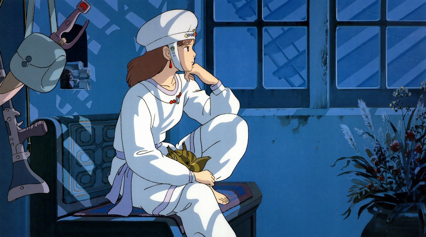 kitsunerisu, nausicaa, teto (nausicaa), kaze no tani no nausicaa, studio ghibli, 1980s (style), official art, barefoot, brown hair, earrings, flower, gun, jewelry, night, oldschool, retro artstyle, solo, sword, weapon, window
