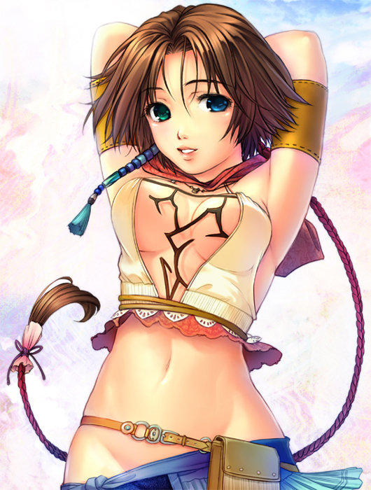 yoko juusuke, yuna, yuna (ff10), final fantasy, final fantasy x, final fantasy x-2, square enix, 00s, 1girl, armpits, arms behind head, arms up, blue eyes, braid, breasts, brown hair, female focus, green eyes, groin, heterochromia, long hair, midriff, navel, single braid, smile, solo