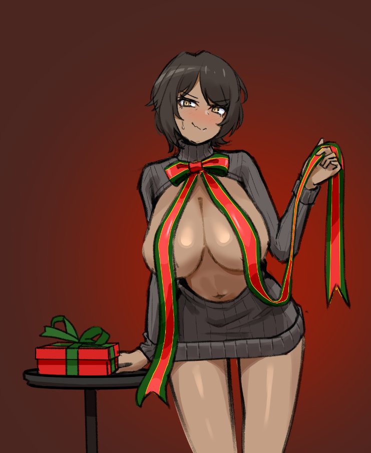 catnip scent, outis (project moon), limbus company, project moon, 1girl, alternate costume, box, breasts, brown hair, cleavage, closed mouth, dark-skinned female, dark skin, frontless outfit, gift, gift box, grey sweater, huge breasts, long sleeves, looking at viewer, navel, red background, red ribbon, revealing clothes, ribbon, short hair, simple background, solo, standing, sweater, thighs, upper body, yellow eyes