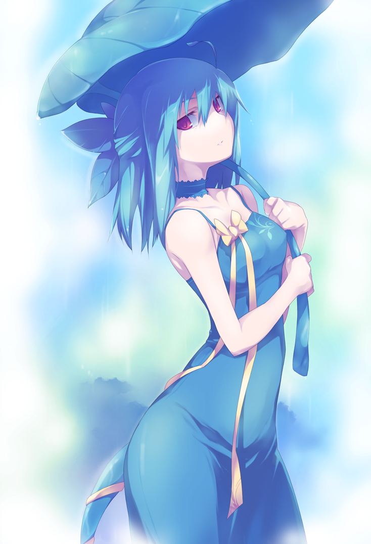 nanakusa, original, 1girl, ahoge, aqua hair, arched back, bare arms, bare shoulders, blue dress, breasts, choker, collarbone, dress, female focus, half updo, holding, holding leaf, leaf, leaf umbrella, looking at viewer, looking to the side, monster girl, pink eyes, ribbon, short hair, small breasts, solo, tail, tail ornament, tail ribbon, umbrella