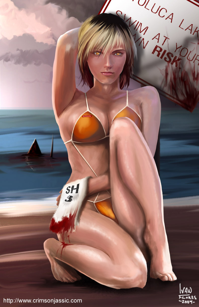 ivan flores, heather mason, pyramid head, silent hill, silent hill 2, silent hill 3, highres, 2004, beach, bikini, blonde hair, blood, lake, shark, sign, swimsuit, towel, water, yellow eyes