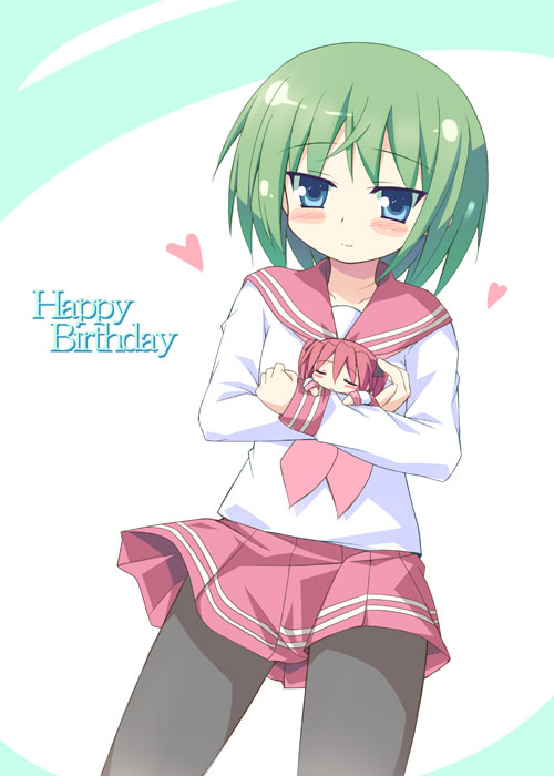 tekehiro, iwasaki minami, kobayakawa yutaka, lucky star, black legwear, 00s, 2girls, birthday, blue eyes, blush, cowboy shot, english text, green hair, heart, long sleeves, looking at viewer, multiple girls, pantyhose, sailor collar, school uniform, serafuku, shirt, simple background, standing, text focus, white background, white shirt