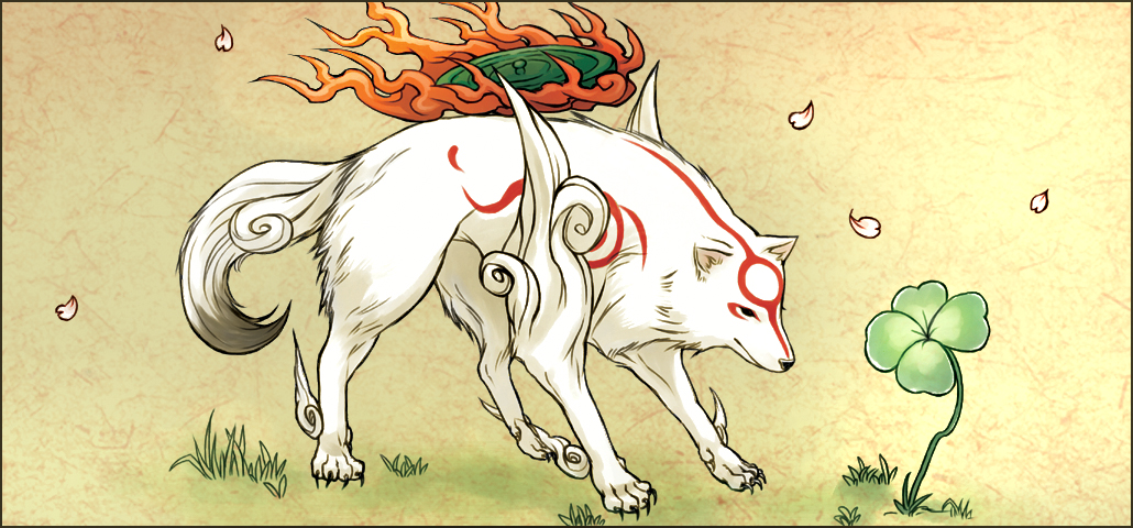 torashiro eiji, amaterasu (ookami), capcom, ookami (game), animal, body fur, bodypaint, clover, fire, four-leaf clover, full body, no humans, plant, wolf
