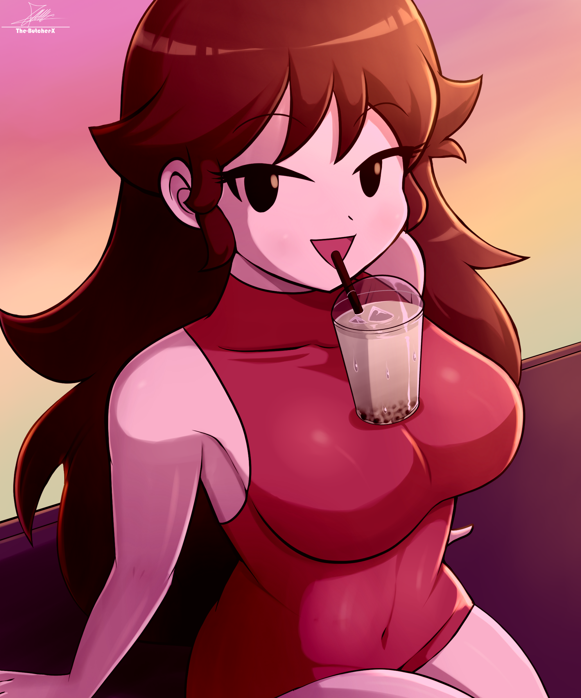 the-butcher-x, girlfriend (friday night funkin'), friday night funkin', absurdres, highres, 1girl, black eyes, breasts, bubble tea, bubble tea challenge, cleavage, covered navel, cup, dress, drinking straw, large breasts, long hair, looking at viewer, open mouth, red dress, red hair, solo, very long hair