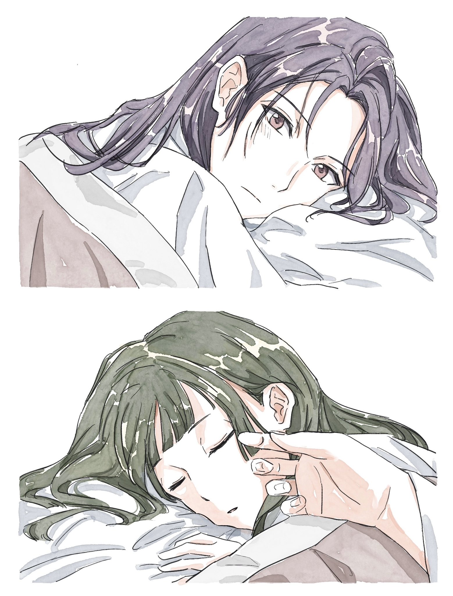 jinshi (kusuriya no hitorigoto), maomao (kusuriya no hitorigoto), kusuriya no hitorigoto, highres, 1boy, 1girl, blunt bangs, closed eyes, couple, green hair, hand in another's hair, hand on another's face, hetero, light blush, looking at viewer, moru jin, parted bangs, parted lips, purple hair, under covers, white background