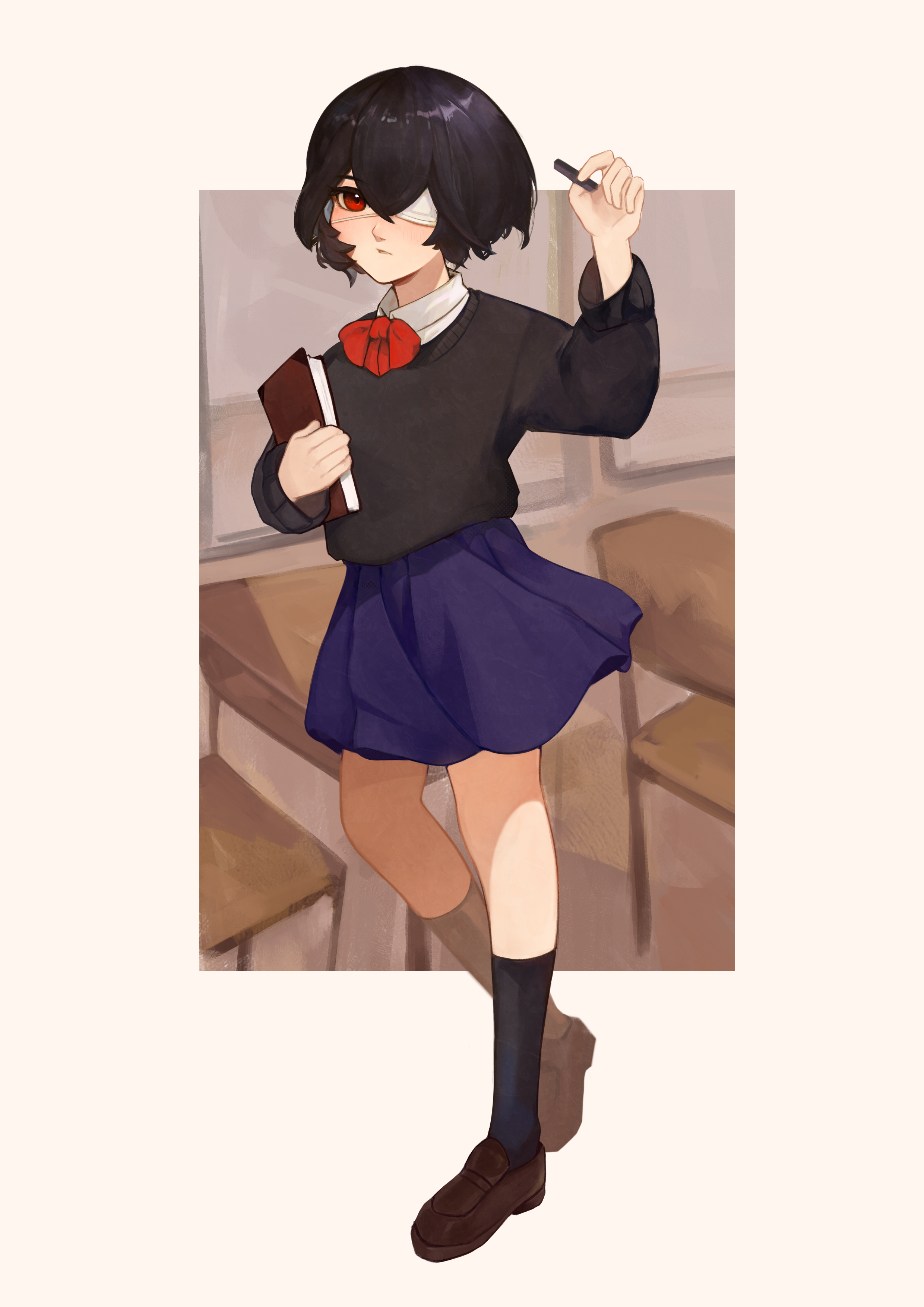 blue picmi, misaki mei, another, absurdres, commentary, highres, 1girl, black hair, black socks, black sweater, blue skirt, book, bow, bowtie, brown shoes, closed mouth, collared shirt, eyepatch, full body, hair between eyes, holding, holding book, indoors, long sleeves, looking at viewer, medical eyepatch, one eye covered, red bow, red bowtie, red eyes, school uniform, shirt, shoes, short hair, skirt, socks, solo, sweater, white shirt, yomiyama north junior high school uniform