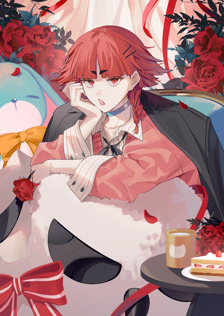 sal gun, naberius kalego, opera (iruma-kun), mairimashita! iruma-kun, 1other, :o, braid, cake, character doll, choker, cup, doll, flower, food, fruit, hair ornament, hairclip, head rest, holding, holding flower, indoors, jacket, jacket on shoulders, looking at viewer, medium hair, mug, open mouth, pajamas, red eyes, red flower, red hair, red rose, rose, sitting, solo, strawberry, stuffed animal, stuffed toy