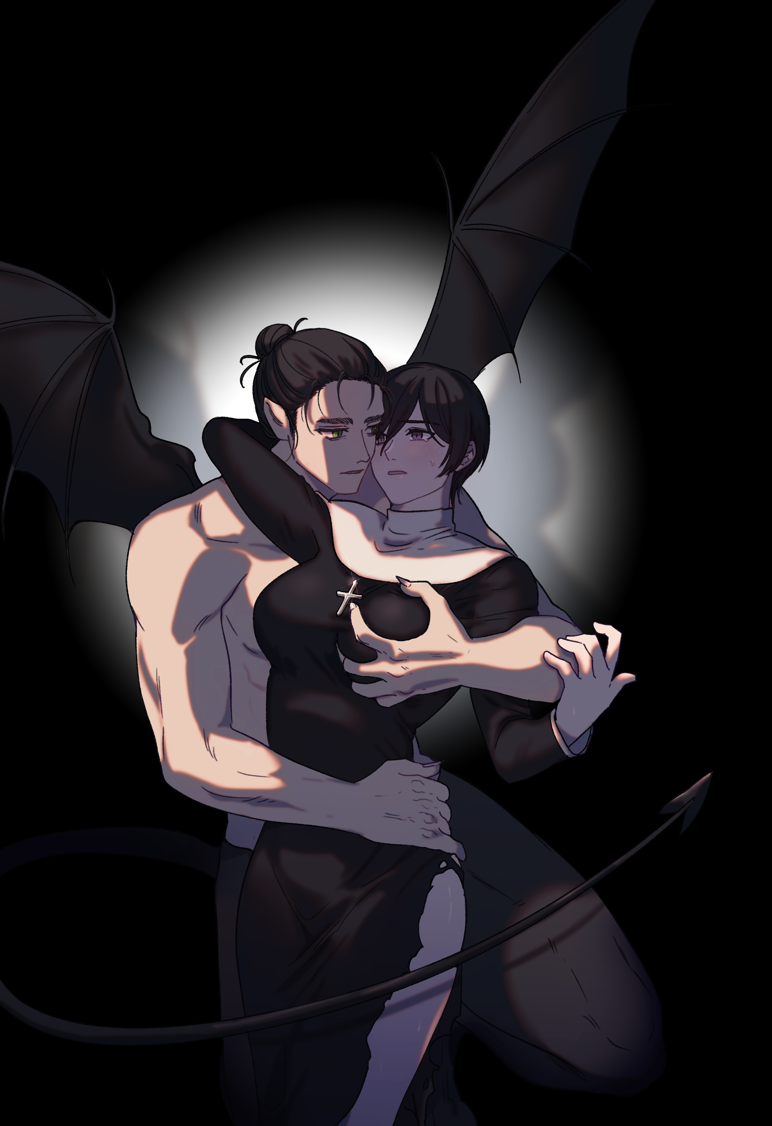 rakji, eren yeager, mikasa ackerman, shingeki no kyojin, absurdres, highres, 1boy, 1girl, arm around neck, arm around waist, black dress, black hair, black pants, breasts, couple, cowboy shot, demon wings, dress, grabbing another's breast, groping, hair between eyes, hair bun, hetero, large breasts, long dress, medium hair, muscular, muscular male, nun, pants, parted lips, short hair, side slit, sweat, topless female, torn clothes, torn dress, wings