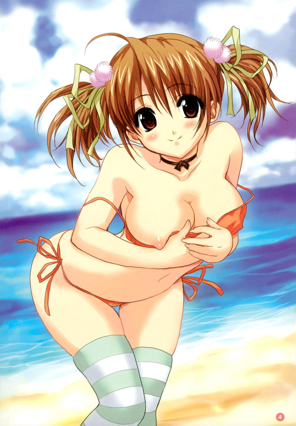 shindou mikeko, comic moog, original, highres, non-web source, scan, 1girl, ahoge, beach, bikini, blush, breasts, brown eyes, brown hair, choker, cleavage, day, female focus, hair ribbon, large breasts, leaning forward, nipple slip, nipples, orange bikini, outdoors, ribbon, side-tie bikini bottom, skindentation, smile, solo, strap slip, striped clothes, striped thighhighs, swimsuit, thighhighs, twintails, water
