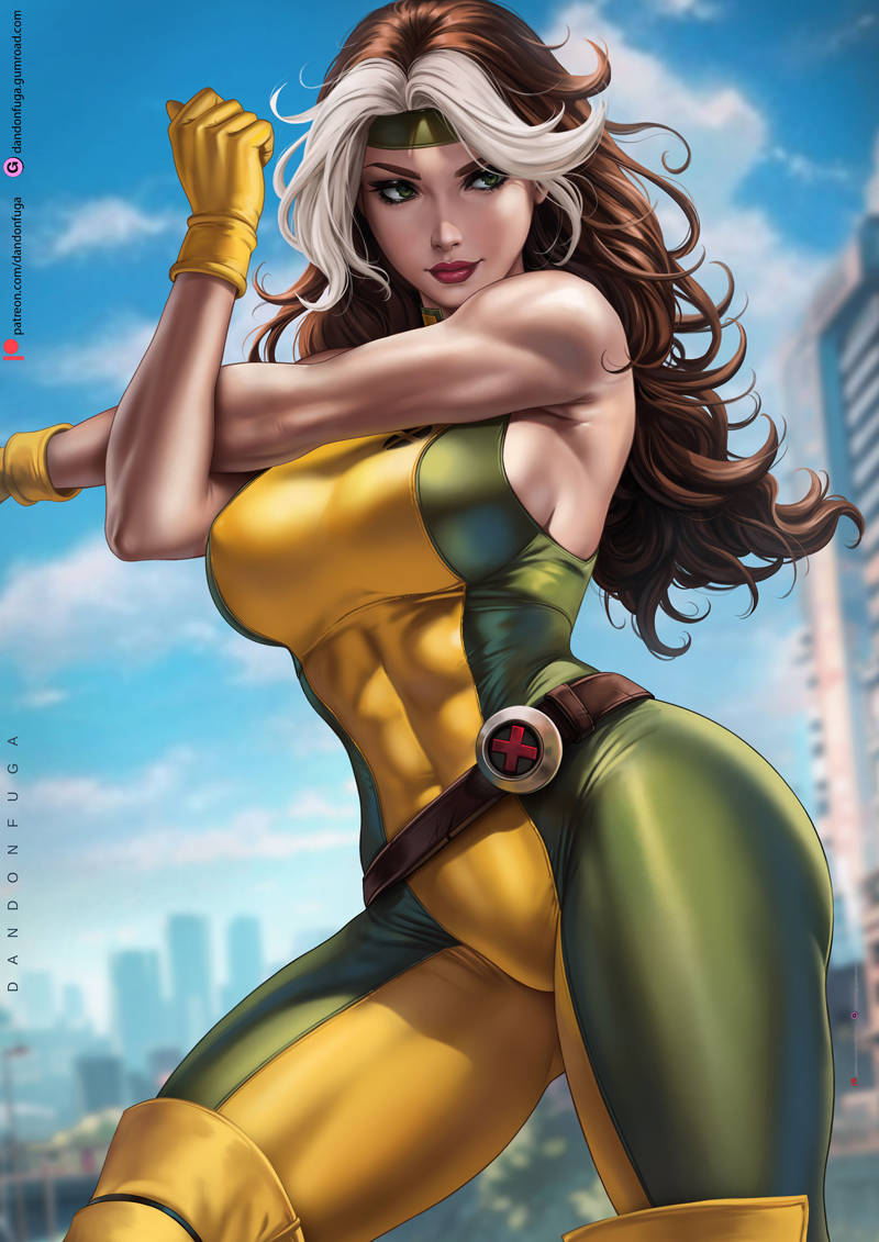 dandon fuga, rogue (x-men), marvel, x-men, 1girl, artist name, bare shoulders, bodysuit, breasts, brown hair, closed mouth, covered abs, exercising, green bodysuit, green eyes, green headband, headband, large breasts, long hair, multicolored hair, outdoors, realistic, solo, superhero costume, toned, toned female, two-tone bodysuit, two-tone hair, watermark, web address, white hair, yellow bodysuit