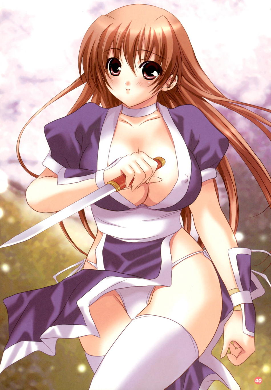 kasumi (doa), dead or alive, tecmo, highres, 1girl, blush, breasts, brown hair, cleavage, covered erect nipples, female focus, knife, large breasts, legs, long hair, panties, pelvic curtain, red eyes, side-tie panties, solo, thighhighs, thighs, underwear, white thighhighs