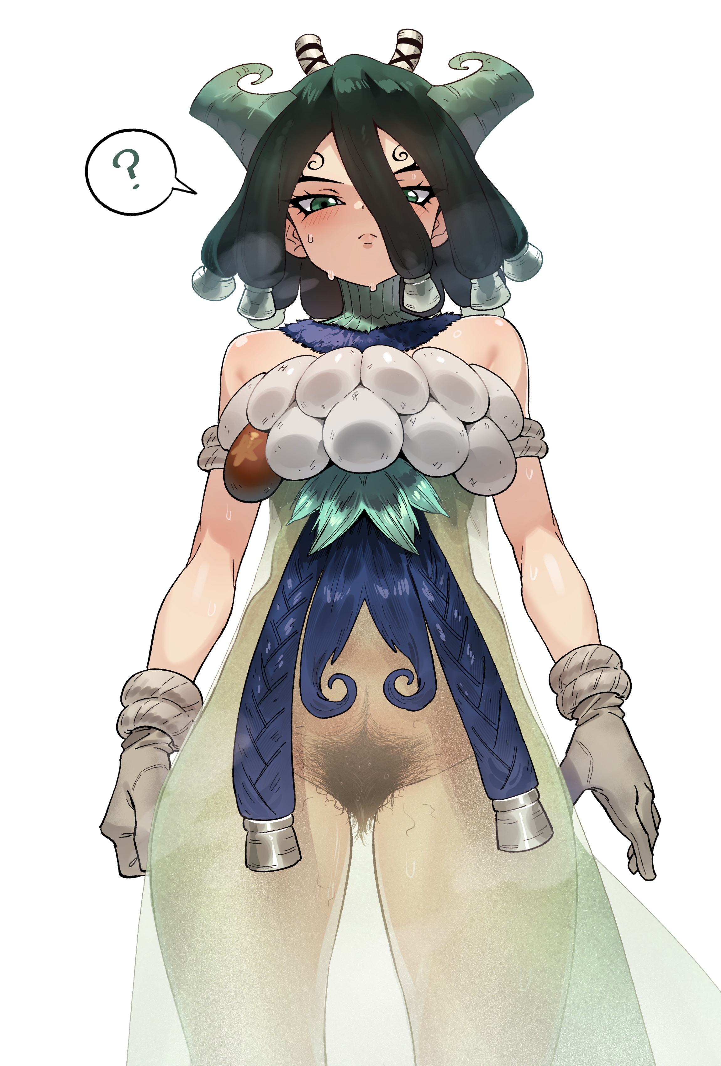 in (ain), kirisame (dr. stone), dr. stone, absurdres, commentary request, highres, korean commentary, 1girl, ?, black hair, cowboy shot, dress, female pubic hair, gloves, green eyes, grey gloves, hair between eyes, looking at viewer, medium hair, pubic hair, see-through clothes, see-through dress, simple background, solo, speech bubble, spoken question mark, standing, stray pubic hair, sweat, white background