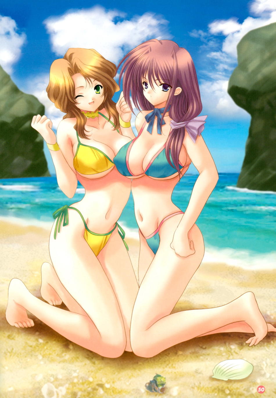 shindou mikeko, highres, tagme, beach, bikini, kneeling, side-tie bikini bottom, swimsuit