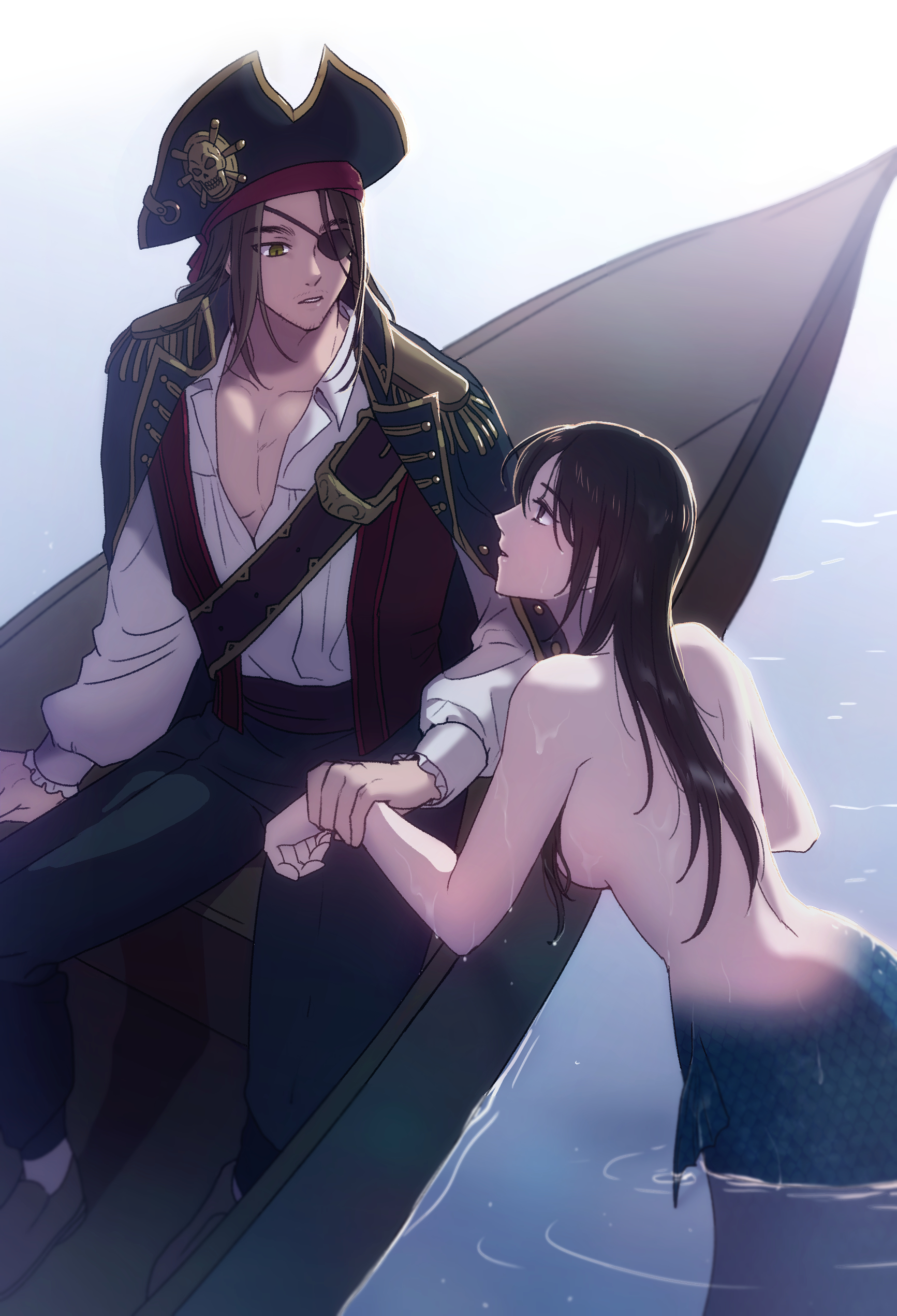rakji, eren yeager, mikasa ackerman, shingeki no kyojin, absurdres, highres, 1boy, 1girl, alternate universe, black hair, black pants, boat, breasts, brown hair, brown shoes, collared shirt, epaulettes, eyepatch, hair between eyes, hat, holding another's wrist, jacket, jacket on shoulders, long hair, looking at another, mermaid, monster girl, nude, pants, parted bangs, parted lips, partially submerged, pirate, pirate hat, rowboat, shirt, shoes, tricorne, watercraft, white shirt