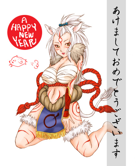 amaterasu (ookami), bakugami, ookami (game), gender request, 1girl, animal ears, boar, bodypaint, breasts, english text, female focus, genderswap, large breasts, lipstick, makeup, new year, personification, solo, tail, white hair, yellow eyes