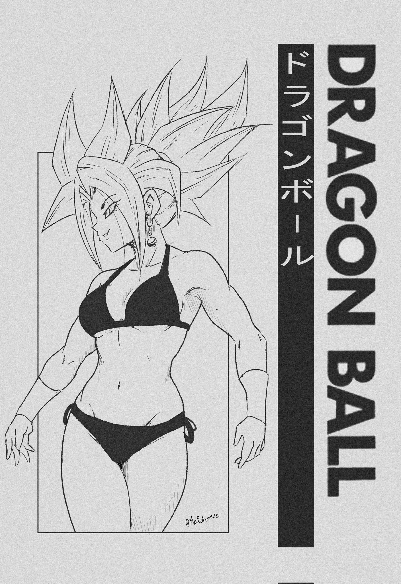 maiohneze, kefla (dragon ball), dragon ball, dragon ball super, highres, tagme, bikini, bracelet, breasts, copyright name, earrings, grey background, jewelry, long hair, looking to the side, medium breasts, monochrome, muscular, muscular female, navel, potara earrings, sidelocks, simple background, string bikini, super saiyan, swimsuit