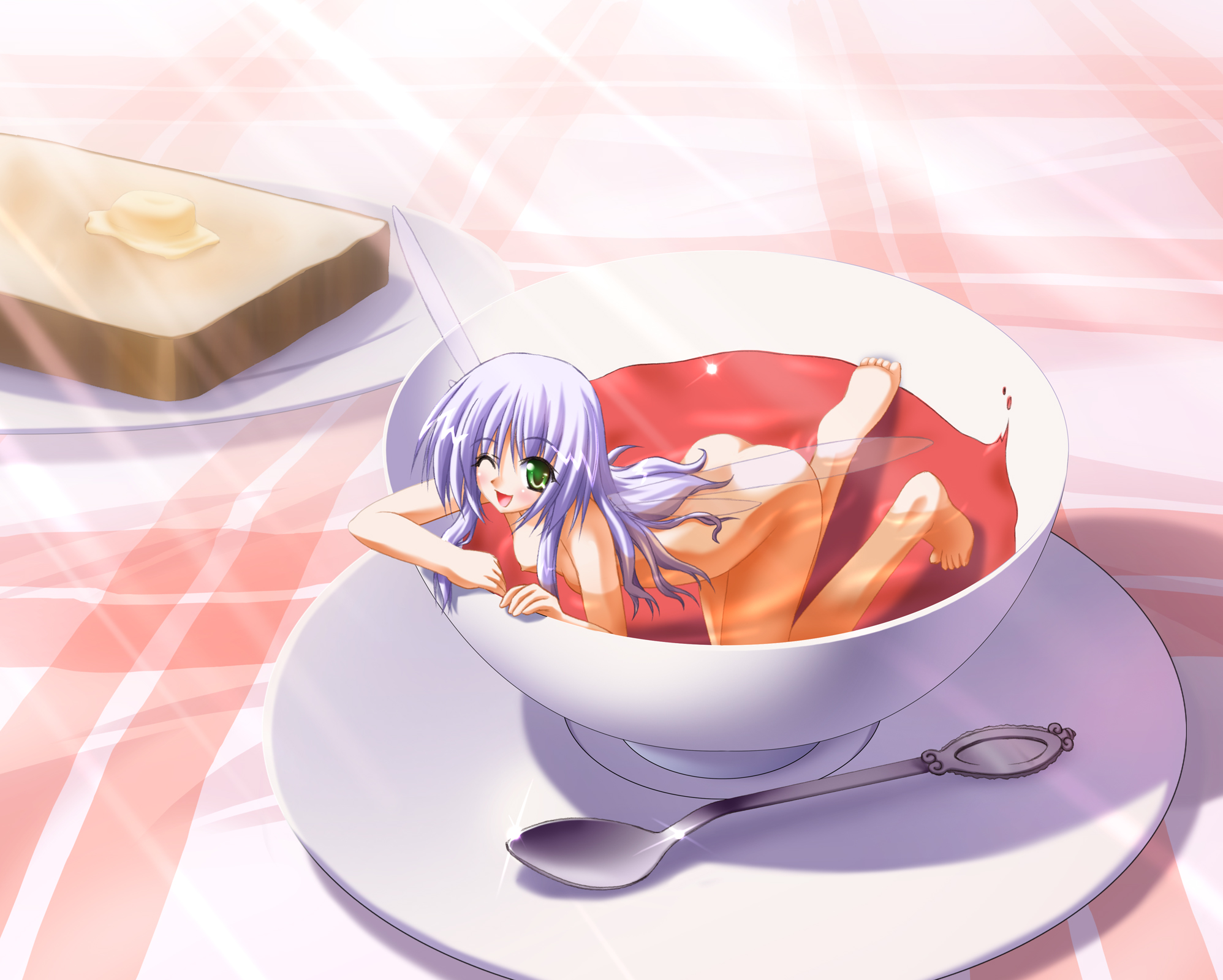 kazami haruki, highres, 1girl, barefoot, bread, bread slice, cup, fairy, feet, female focus, food, green eyes, in container, in cup, mini person, minigirl, one eye closed, purple hair, solo, toast, wings, wink