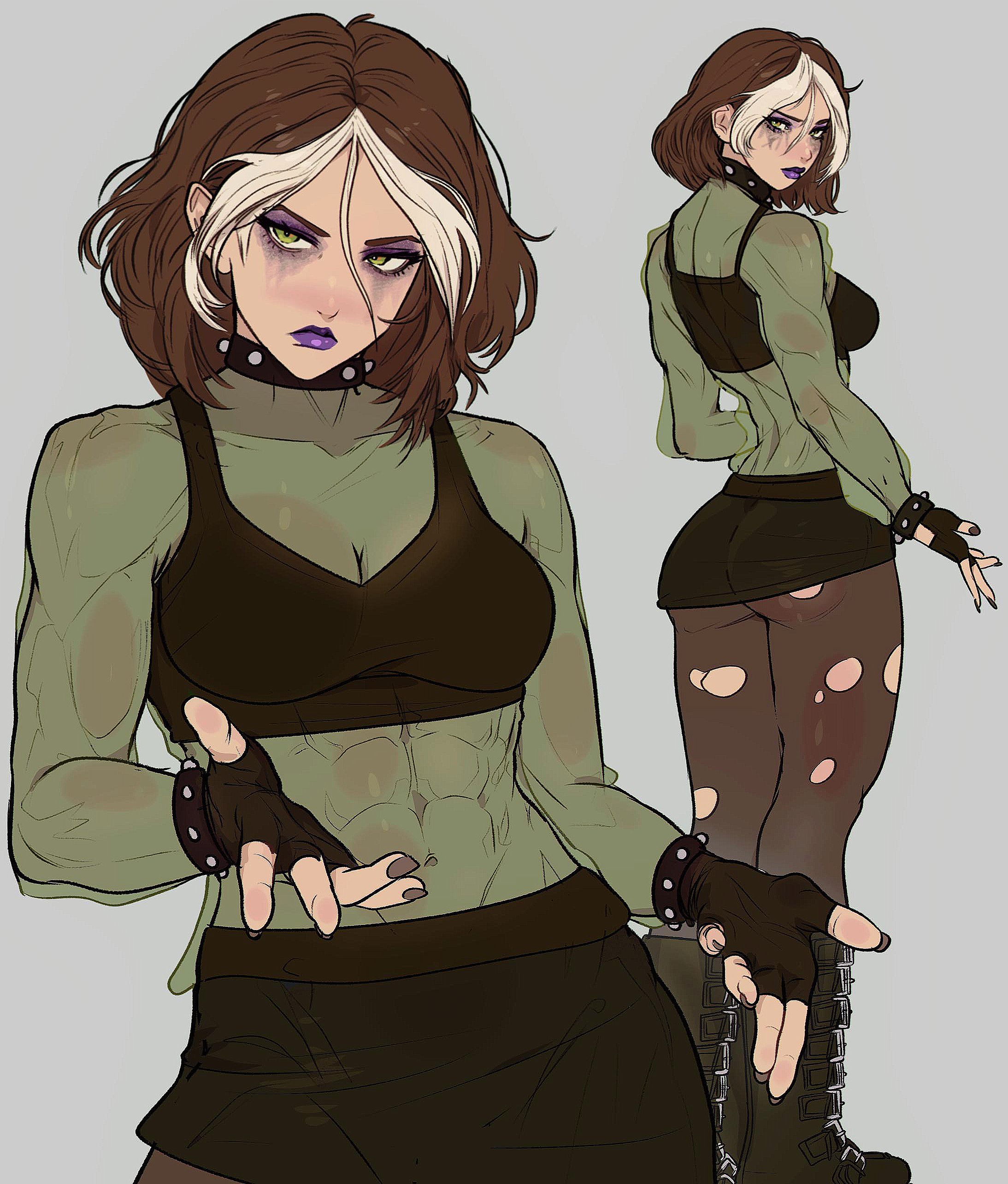 yoracrab, rogue (x-men), marvel, x-men, x-men evolution, absurdres, commentary, english commentary, highres, 1girl, black choker, black gloves, black skirt, bracelet, breasts, brown hair, choker, cleavage, covered abs, covered navel, fingerless gloves, full body, gloves, green eyes, grey background, jewelry, looking back, medium breasts, multicolored hair, multiple views, official alternate costume, official alternate hair length, official alternate hairstyle, pantyhose, purple lips, see-through clothes, serious, short hair, simple background, skirt, toned, toned female, torn clothes, torn pantyhose, two-tone hair, white hair