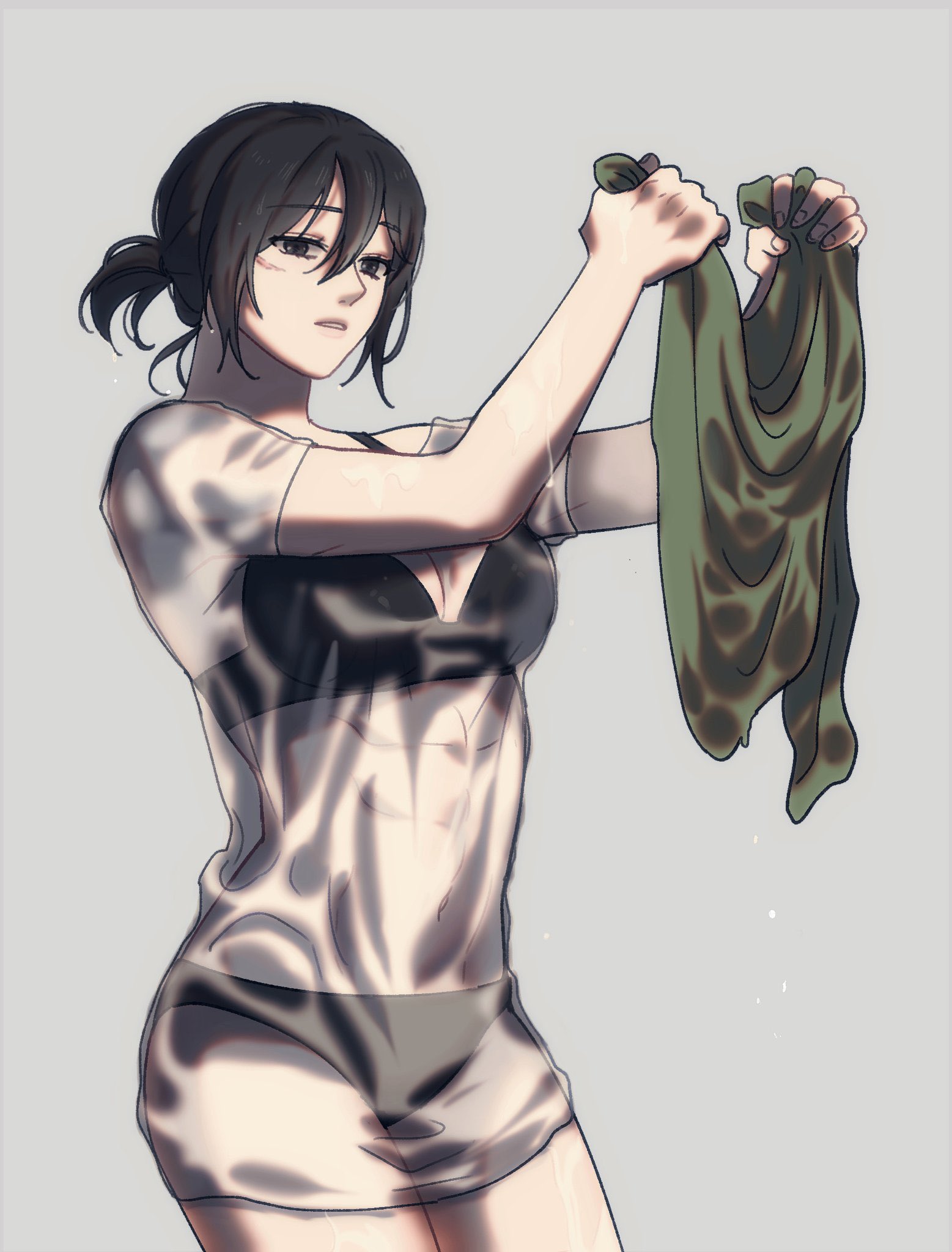rakji, mikasa ackerman, shingeki no kyojin, highres, 1girl, black bra, black hair, black panties, bra, breasts, cleavage, covered abs, covered navel, cowboy shot, facial scar, green eyes, grey background, hair between eyes, holding, holding shirt, holding unworn clothes, large breasts, panties, parted lips, ponytail, scar, scar on cheek, scar on face, see-through clothes, see-through shirt, shirt, short hair, short ponytail, solo, sweat, underwear, unworn shirt, wet, wet clothes, wet shirt