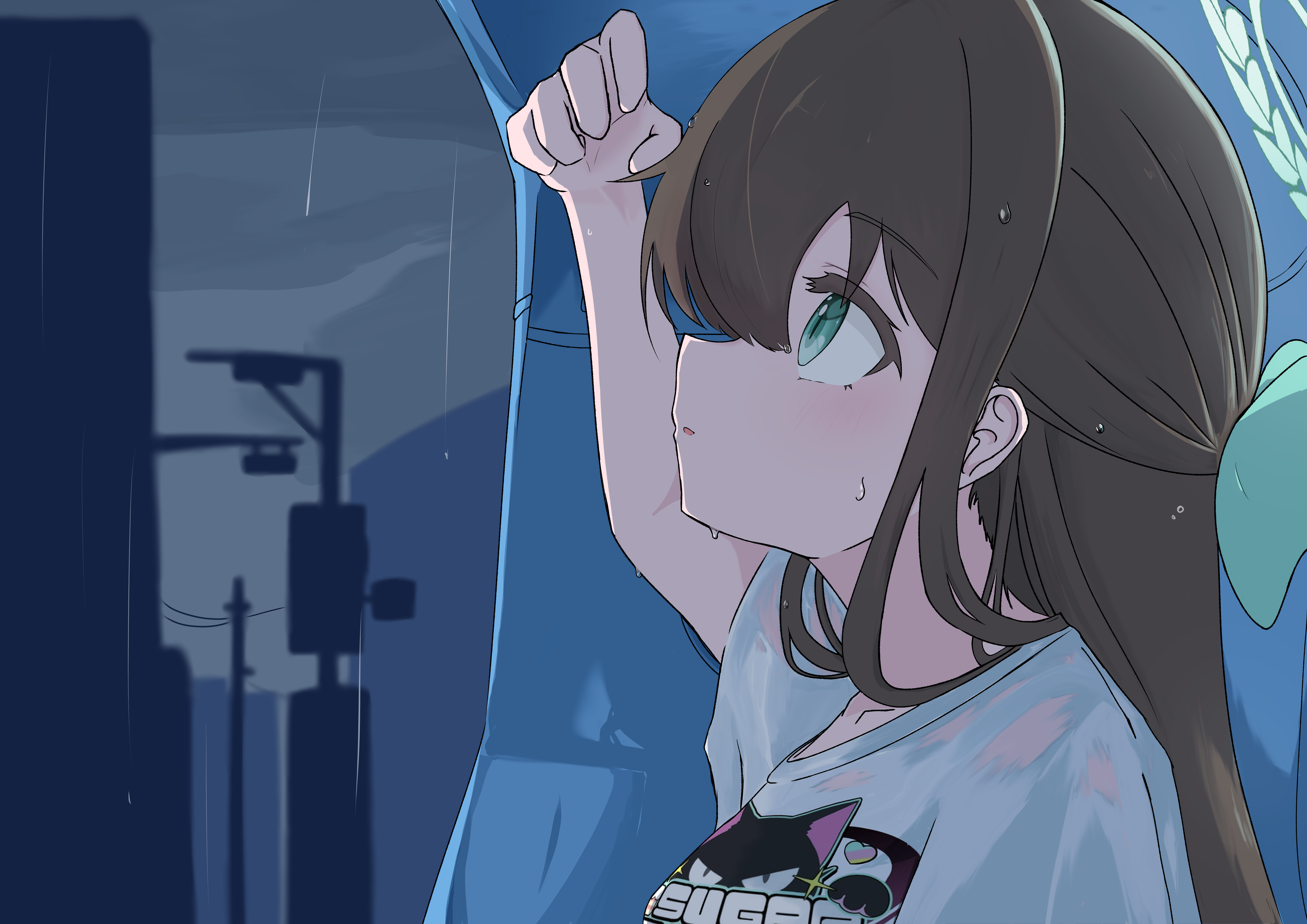 wingcat, airi (band) (blue archive), airi (blue archive), blue archive, absurdres, commentary, highres, 1girl, :o, arm up, bow, breasts, brown hair, city, cloud, cloudy sky, collarbone, from side, green bow, green eyes, green halo, hair between eyes, hair bow, halo, light blush, logo print, long hair, looking afar, looking up, medium breasts, official alternate costume, open mouth, parted lips, portrait, power lines, print shirt, rain, shirt, sky, solo, straight hair, t-shirt, utility pole, water drop, wet, wet clothes, wet shirt, white shirt