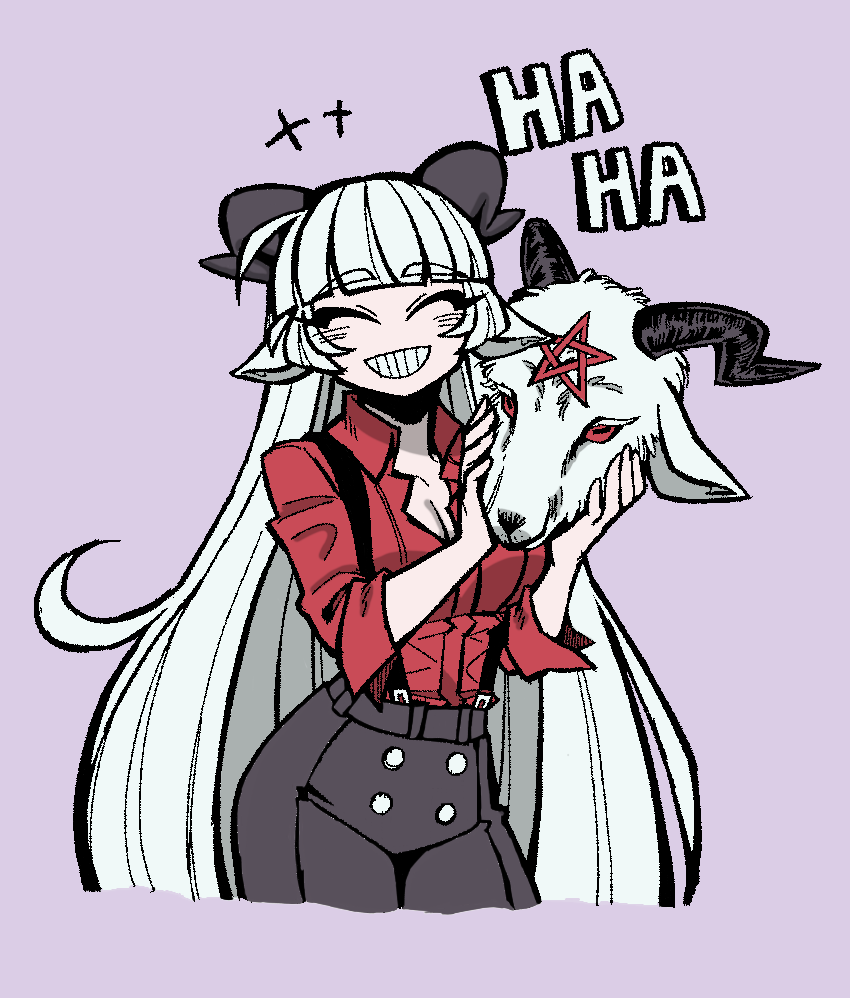 grizz, baphomet (grizz), helltaker, original, animal ears, black horns, black shirt, closed eyes, demon girl, dialogue box, goat ears, goat girl, goat horns, goat mask, goat tail, horns, long hair, pentagram, red shirt, shirt, smile, vanripper (style), white hair