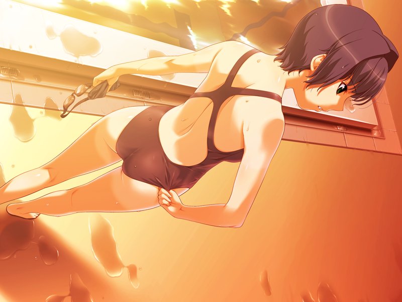 ino (magloid), yuzuki minami, kimihagu, game cg, 00s, 1girl, adjusting clothes, adjusting swimsuit, ass, back, bare shoulders, black hair, competition swimsuit, dutch angle, female focus, from above, from behind, goggles, green eyes, one-piece swimsuit, open mouth, pool, poolside, puddle, short hair, solo, sunset, swim cap, swimsuit, unworn goggles, water, wet